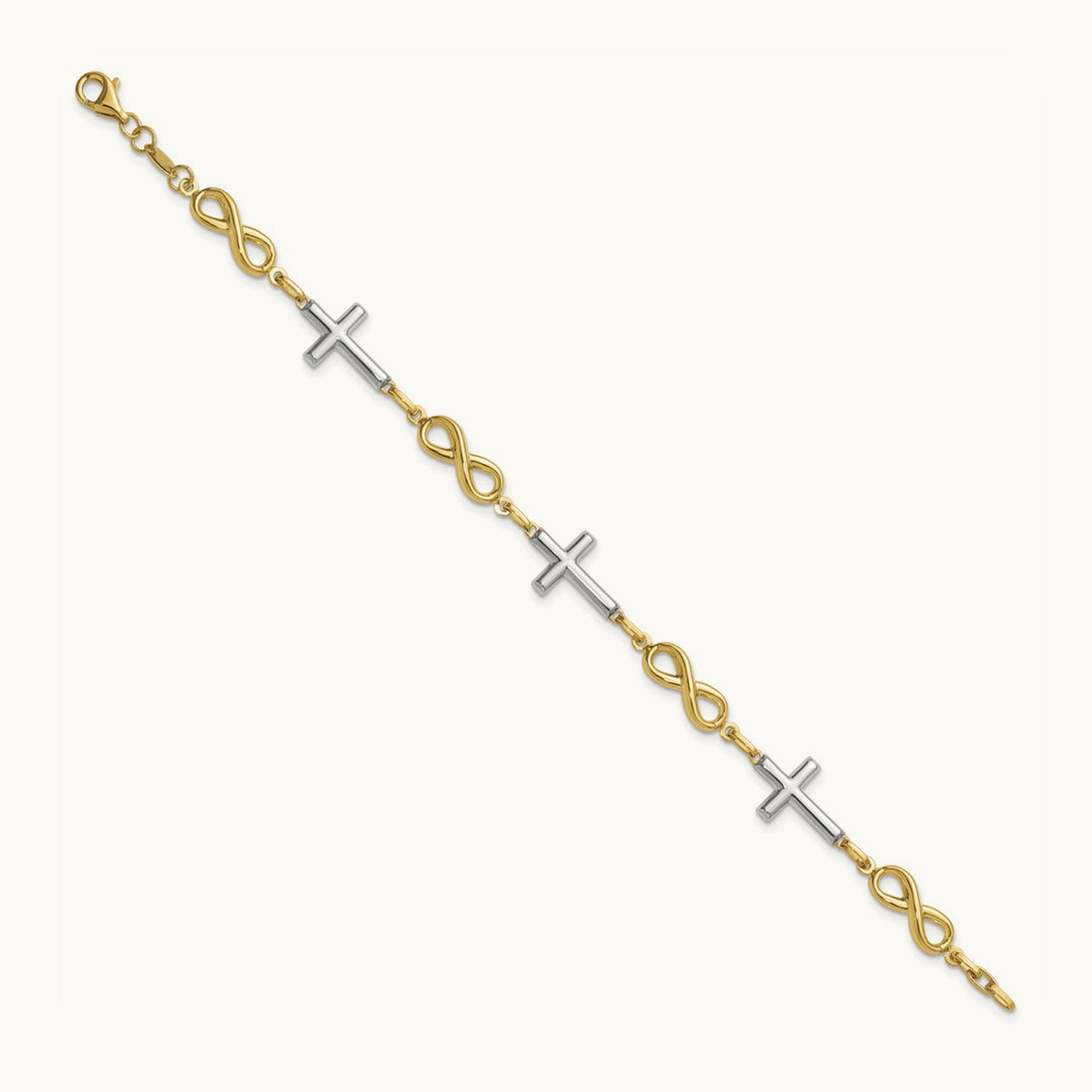 w/ Rhodium Polished Cross Infinity Symbol Link Bracelet, 14K