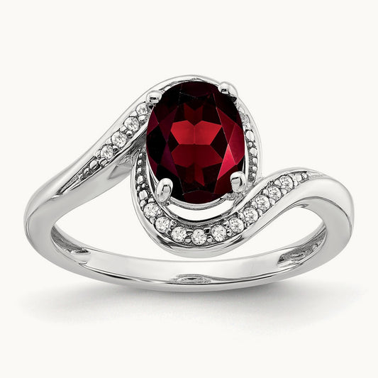 Oval Garnet and Diamond Bypass Ring, 14K White Gold