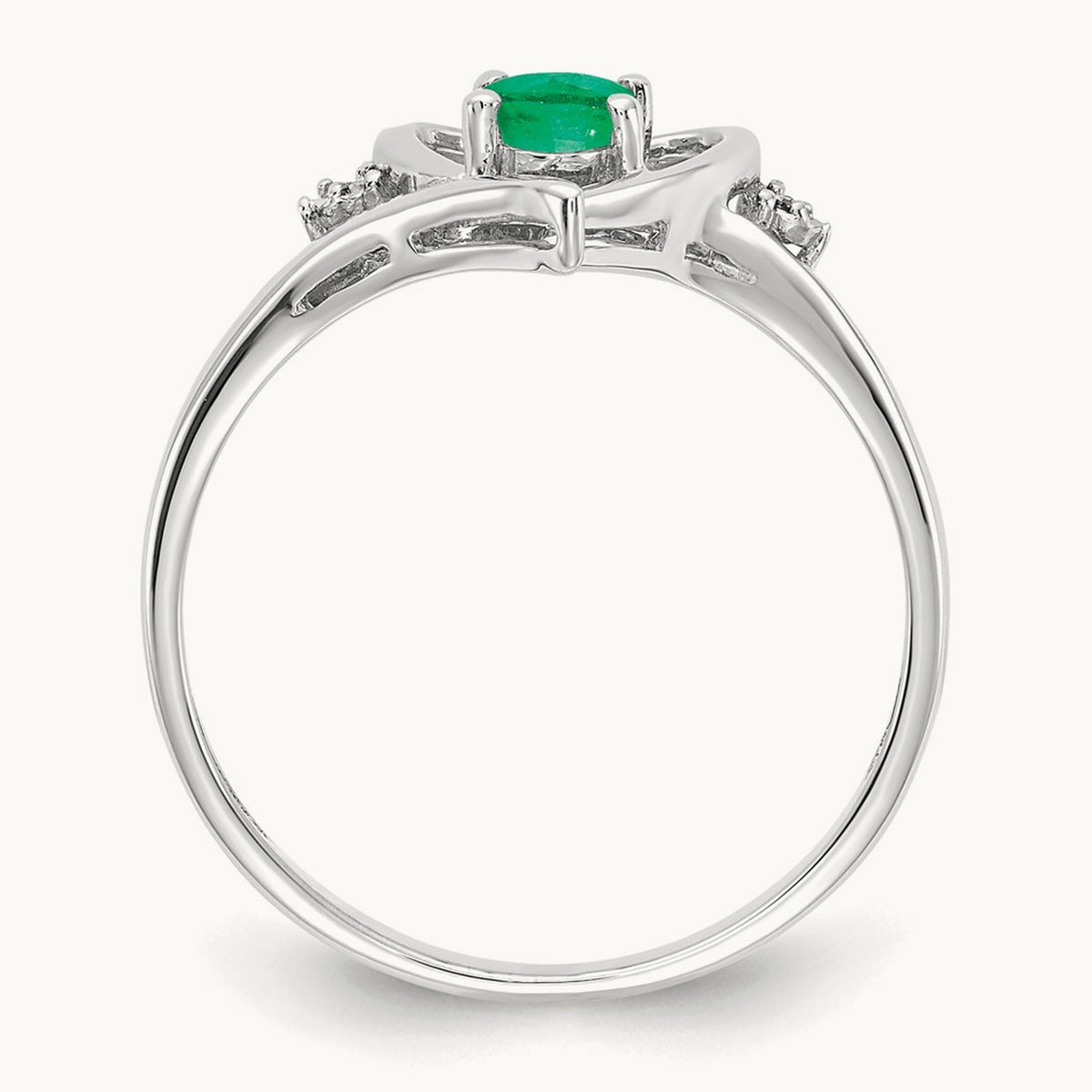 Emerald and Diamond Heart Ring — 14K White Gold, 7