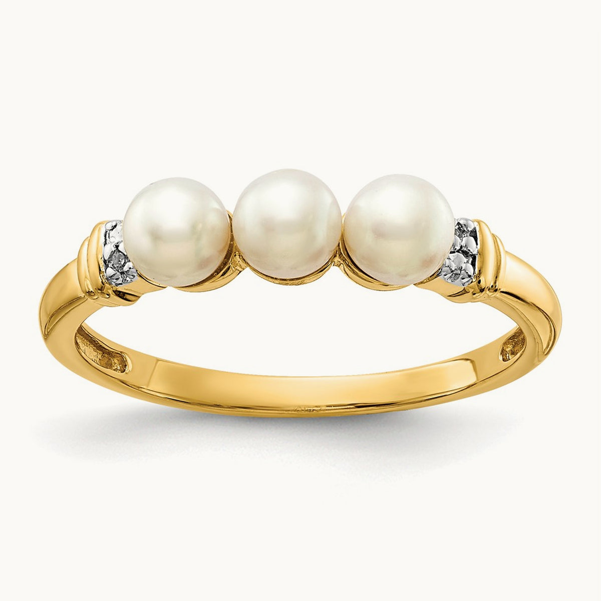 Diamond and FW Cultured 3-Pearl Ring, 14K