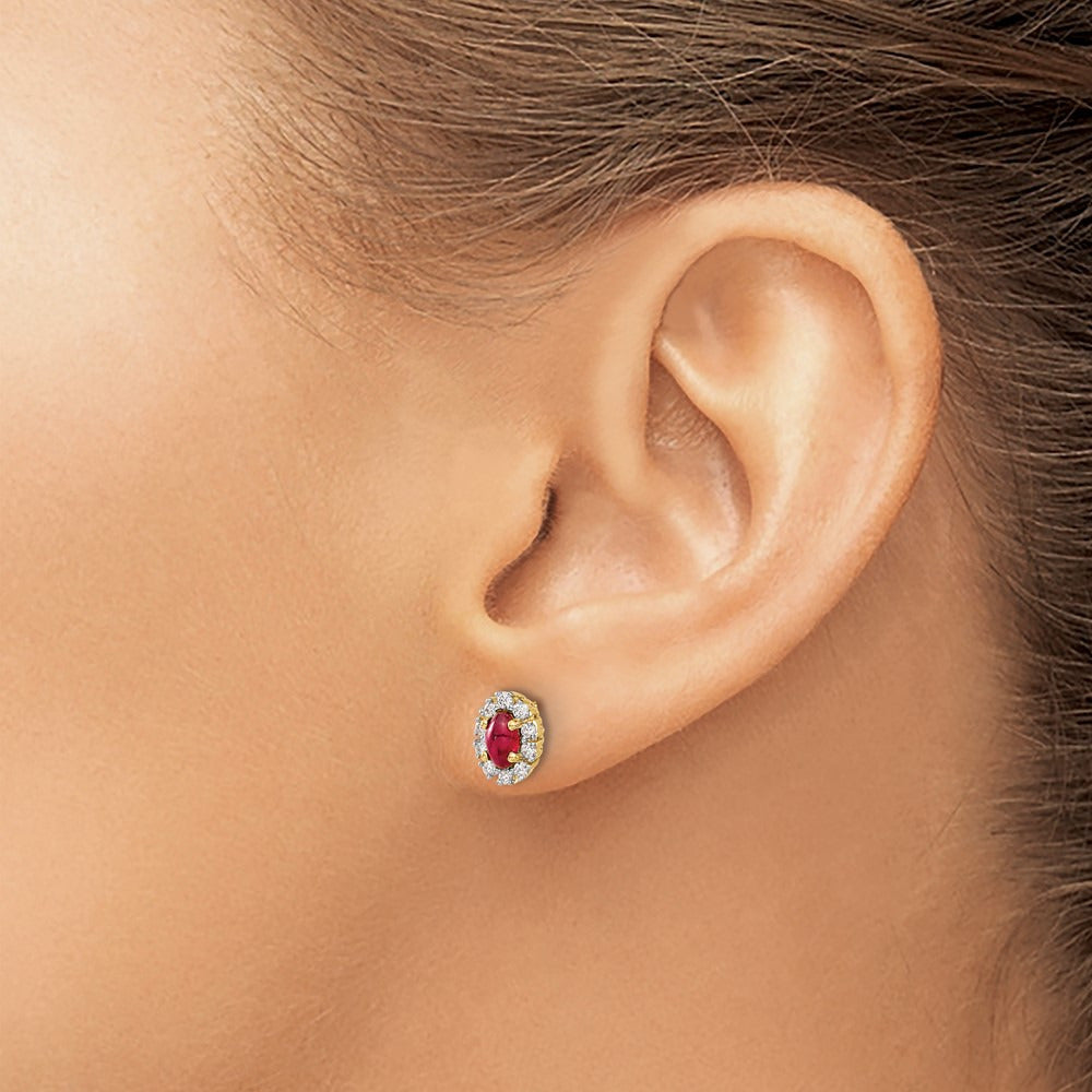 Diamond and Ruby Oval Halo Earrings — 14K Yellow Gold