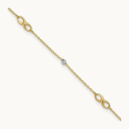 Diamond-cut Beads and Infinity 10in Plus 1in ext. Anklet, 14K Two-tone