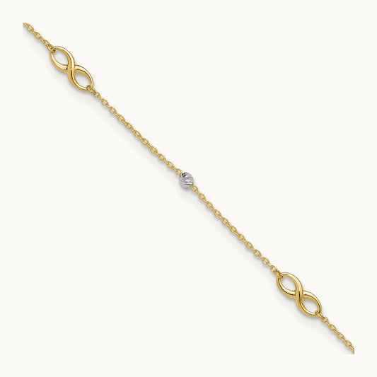 Diamond-cut Beads and Infinity 10in Plus 1in ext. Anklet, 14K Two-tone