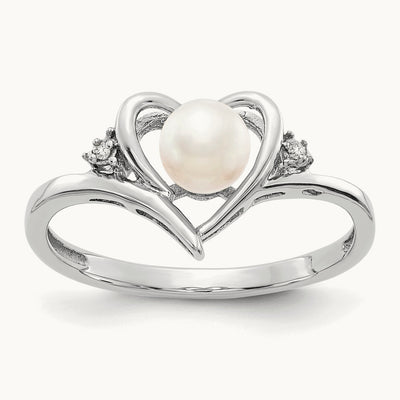 Freshwater Cultured Pearl and Diamond Heart Ring — 14K White Gold, 7