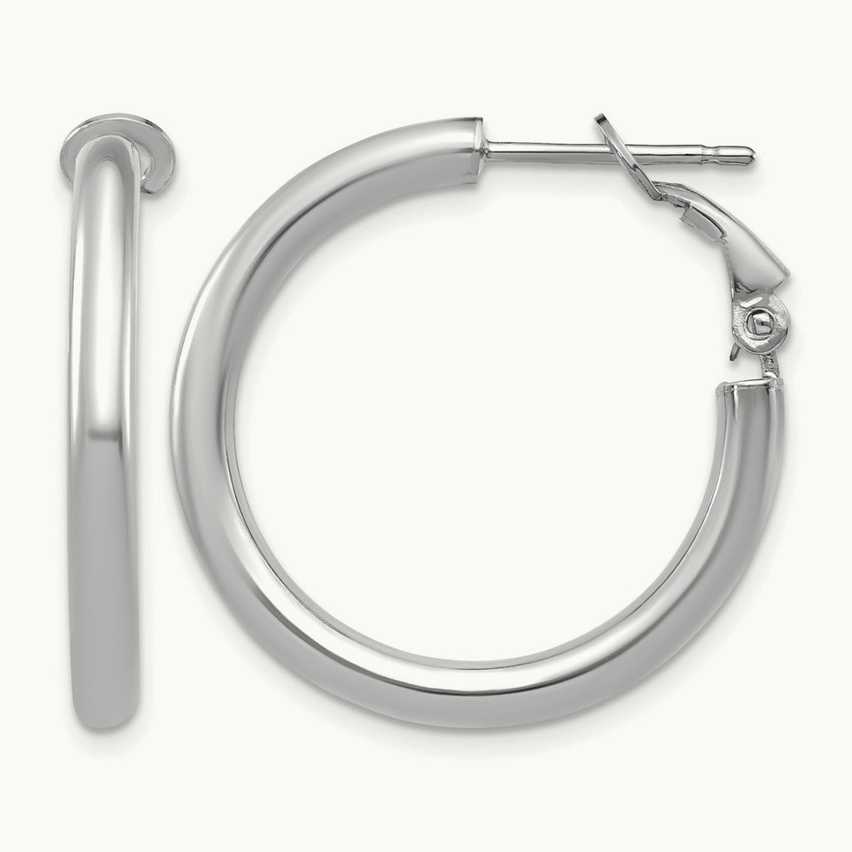 Polished Round Omega Back Hoop Earrings — 14K White Gold, 3x25mm