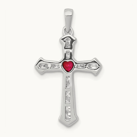 Ruby and Diamond Heart Cross Pendant, 14K White Gold