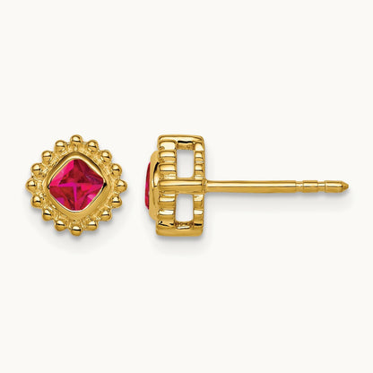 Cushion Ruby Earrings — 14K Yellow Gold