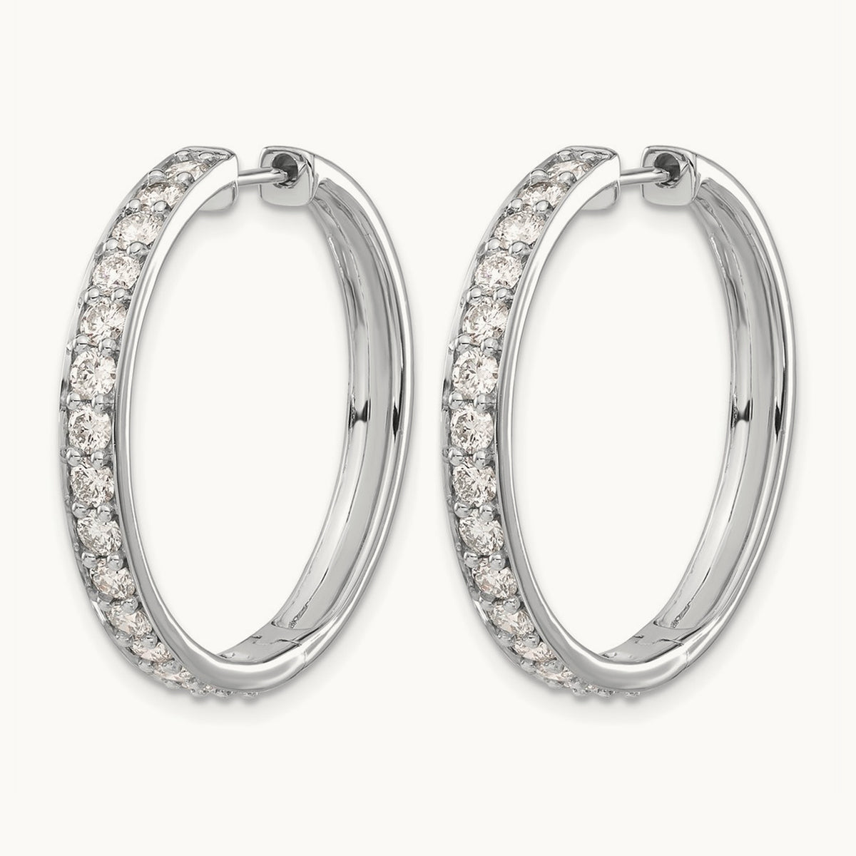 Diamond Hinged Hoop Earrings — 14K White Gold, 30mm, 1.95 ct