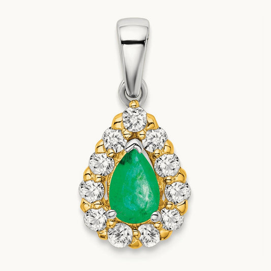 Pear Emerald and Diamond Halo Pendant, 14K Two-tone