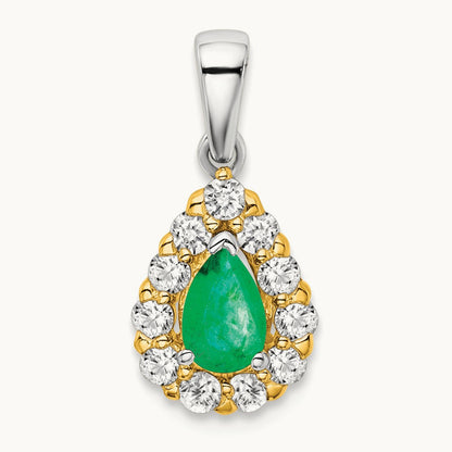 Pear Emerald and Diamond Halo Pendant, 14K Two-tone