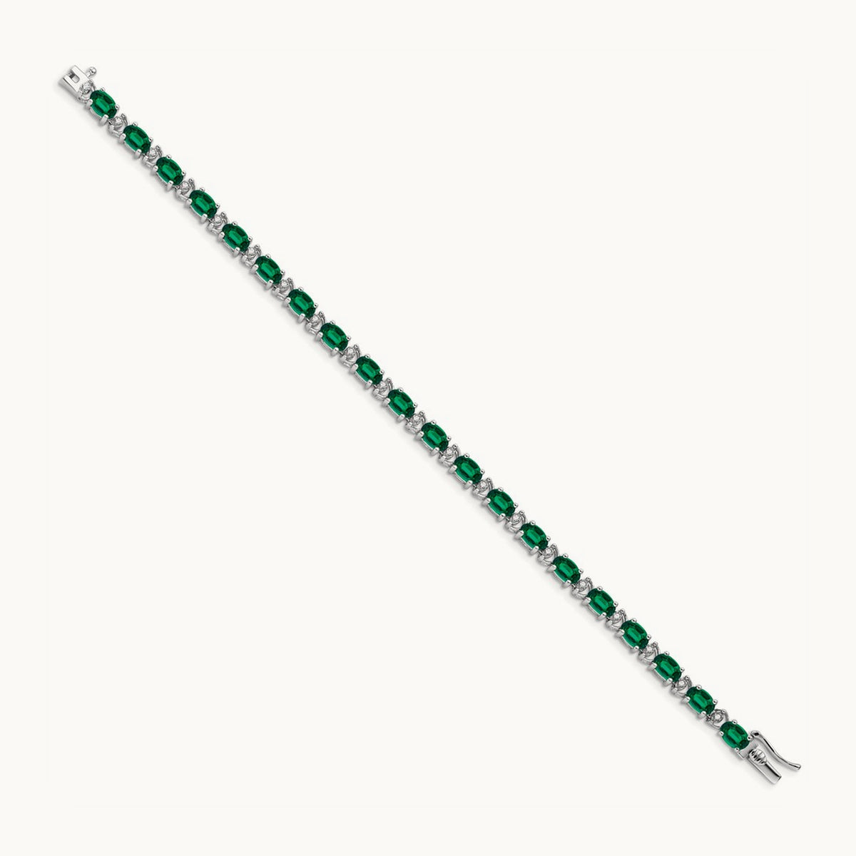 Oval Created Emerald and Diamond Bracelet, 14K White Gold