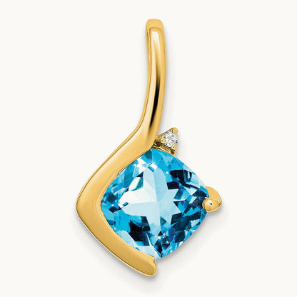Cushion Blue Topaz and Diamond Pendant — 14K Yellow Gold