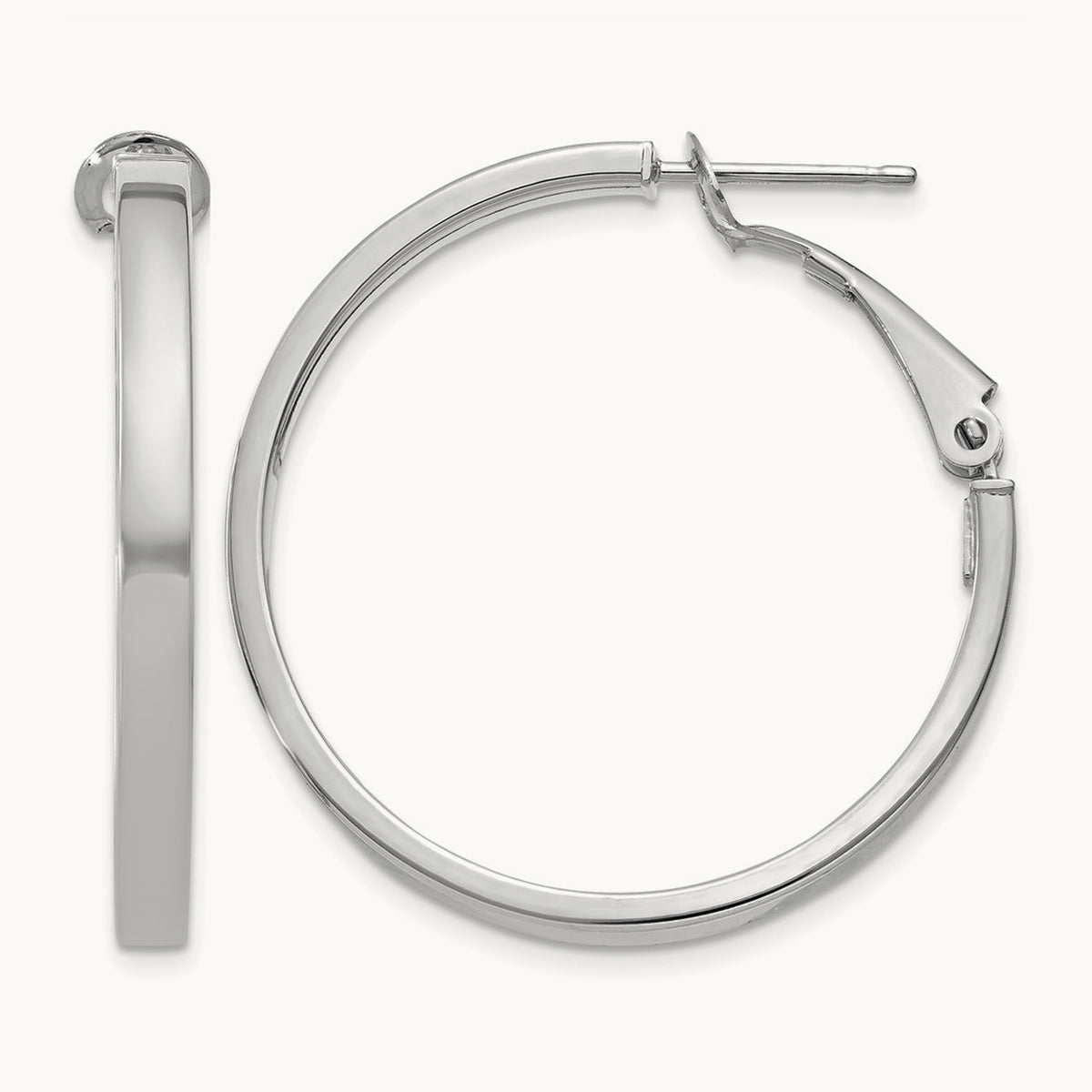 Polished Square Tube Round Hoop Earrings — 14K White Gold, 3x30mm