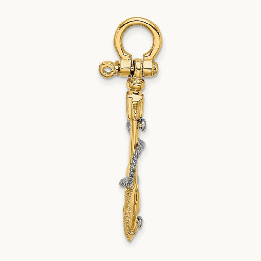 3-D Small Anchor w/Rope and Shackle Bail Charm, 14K Two-tone