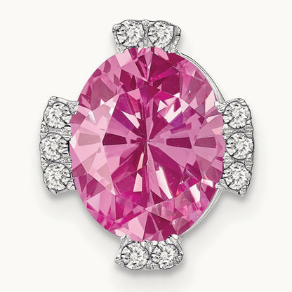 Oval Created Pink Sapphire and Diamond Chain Slide, 14K White Gold