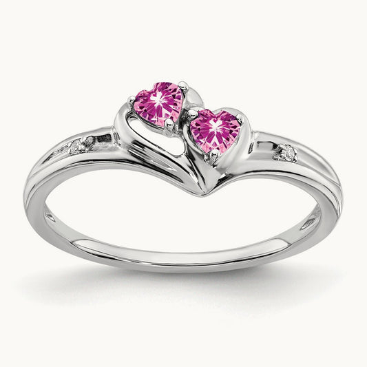Created Pink Sapphire and Diamond 2-stone Heart Ring, 14K White Gold