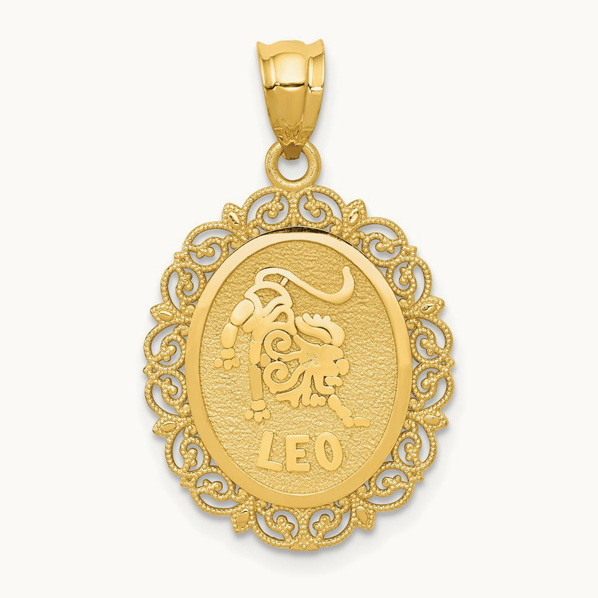 Solid Satin Polished Leo Zodiac Oval Pendant, 14K