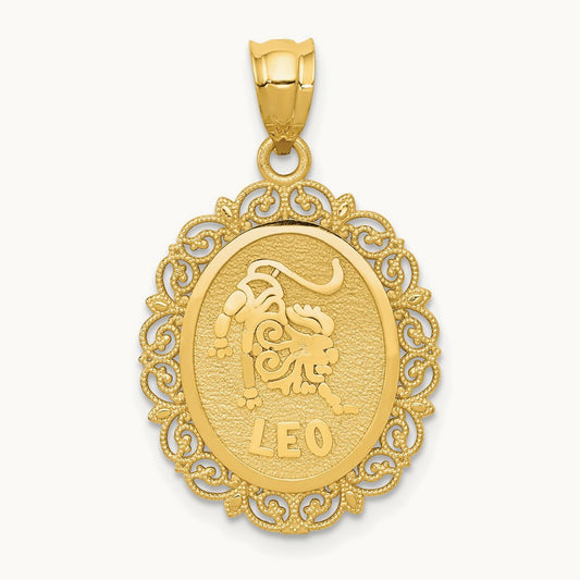 Solid Satin Polished Leo Zodiac Oval Pendant, 14K