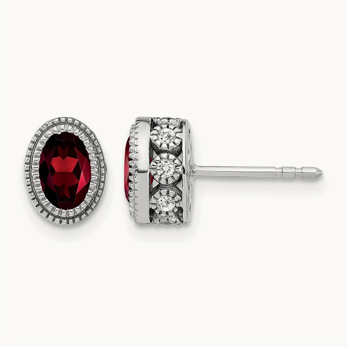 Oval Garnet and Diamond Earrings — 14K White Gold