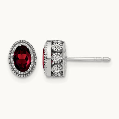 Oval Garnet and Diamond Earrings — 14K White Gold
