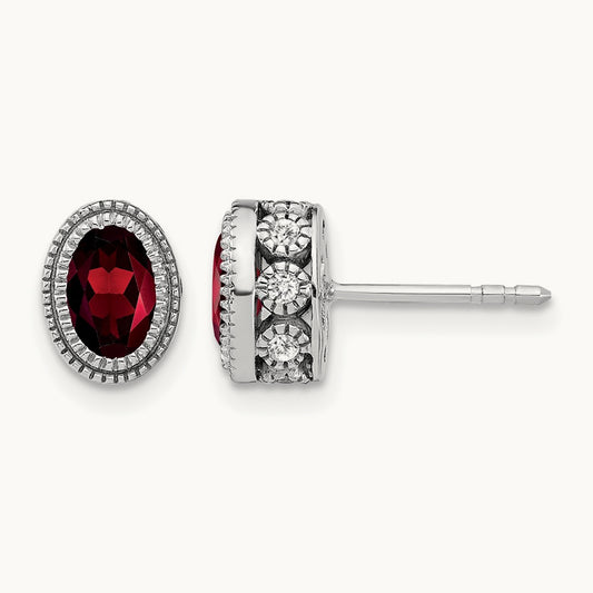 Oval Garnet and Diamond Earrings — 14K White Gold