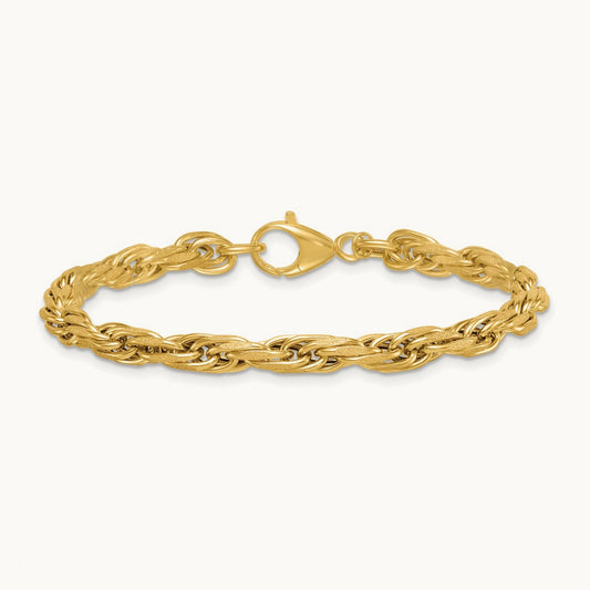 Polished And Textured Flat Rope Chain 7.5in Bracelet, 14K