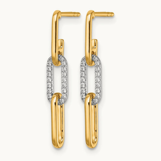 Diamond Paperclip Link Dangle Post Earrings, 14K Two-tone Gold