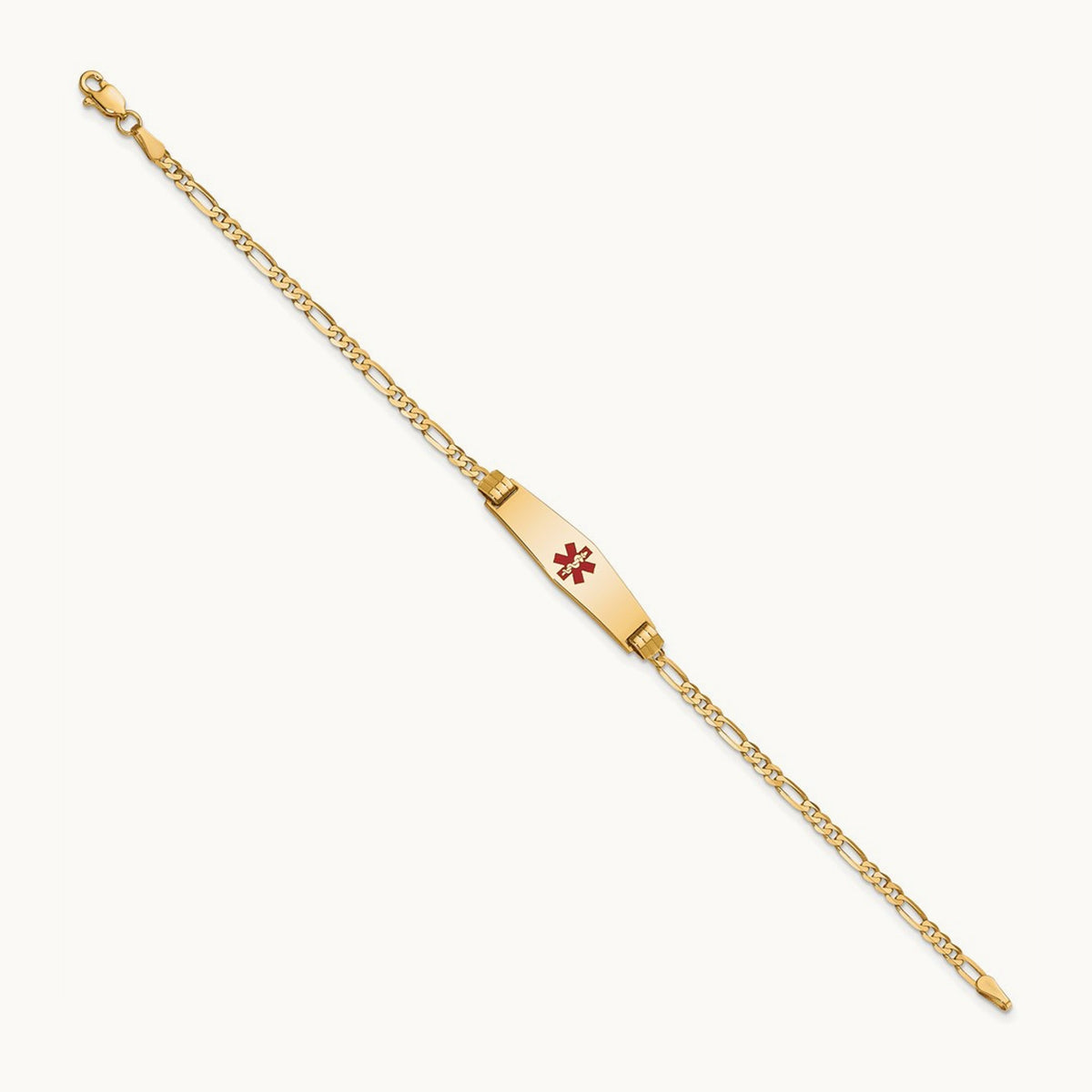 Medical Soft Diamond Shape Red Enamel Figaro ID Bracelet, 14K
