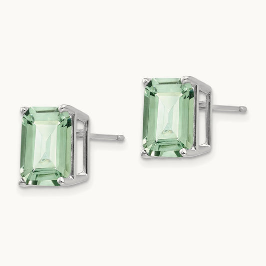 10x8mm Emerald-Cut Green Quartz Earrings, 14K White Gold
