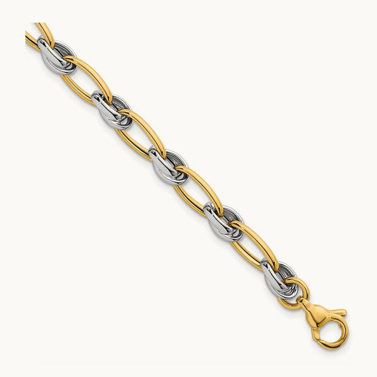 Polished Fancy Oval Chain Bracelet, 7mm, 14K Two-tone