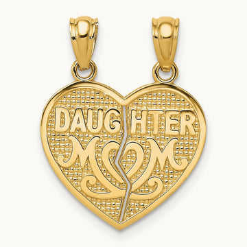 Satin and Polished DAUGHTER-MOM Break Apart Heart Pendant, 14K