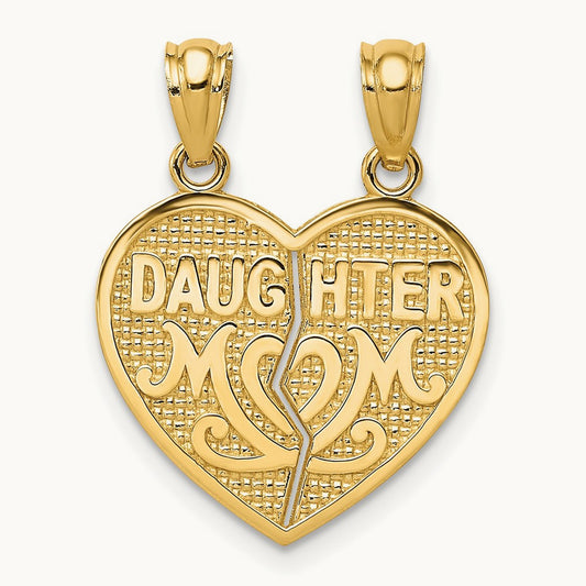 Satin and Polished DAUGHTER-MOM Break Apart Heart Pendant, 14K