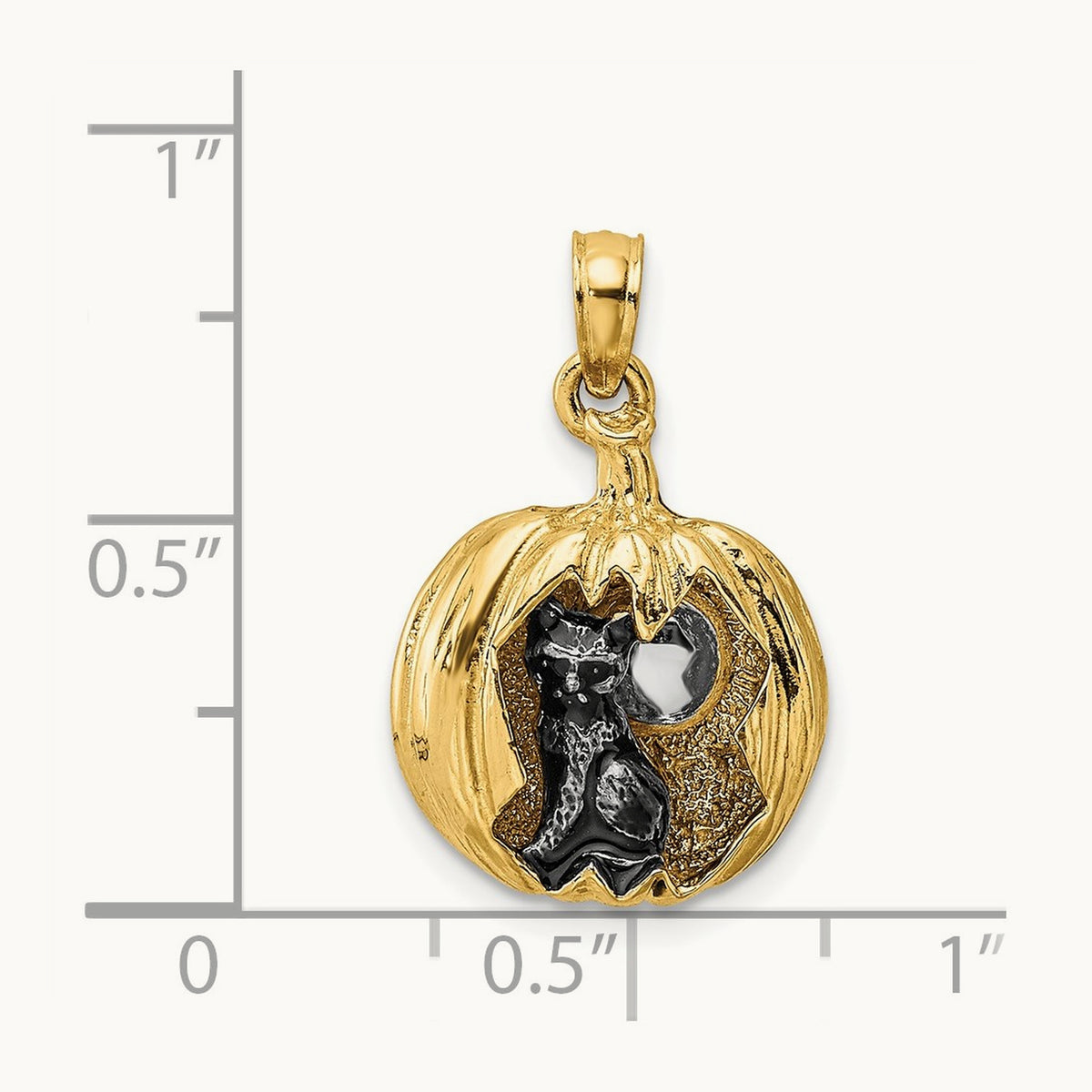 w/Rhodium 3-D Jack-o-Lantern w/Enameled Black Cat and Moon Charm, 14K