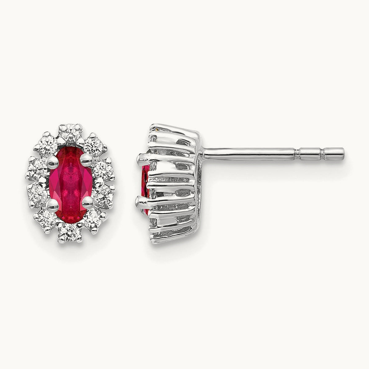 Diamond and Ruby Oval Halo Earrings — 14K White Gold