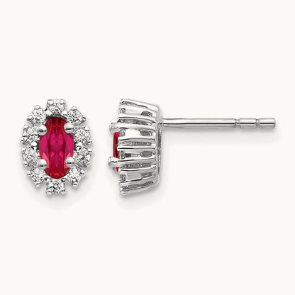 Diamond and Ruby Oval Halo Earrings — 14K White Gold