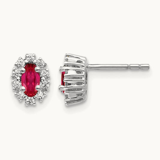 Diamond and Ruby Oval Halo Earrings — 14K White Gold