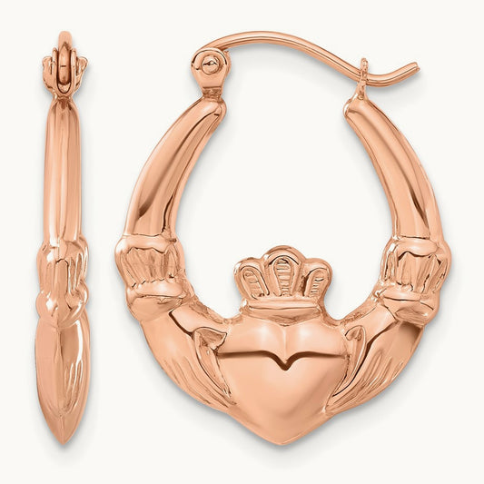 Polished Claddagh Hoop Earrings, 14K Rose Gold
