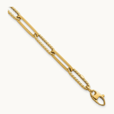 Polished and Textured 7.5in Paperclip Link Bracelet, 14K
