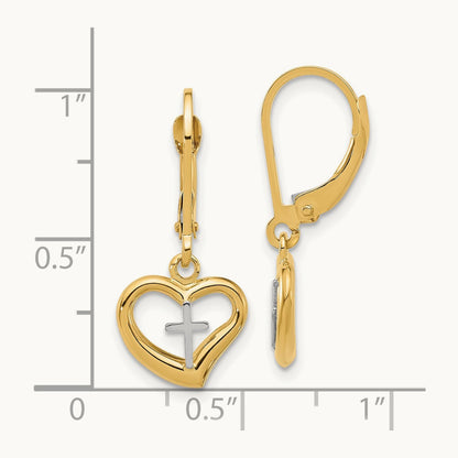 Polished Cross in Heart Leverback Dangle Earrings, 14K Two-tone