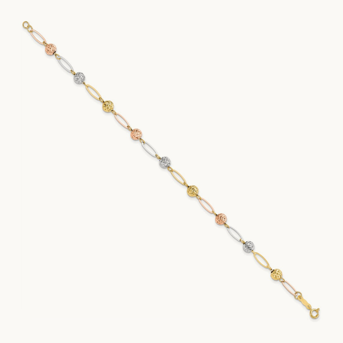 Tri-Color D/C Beads Link Bracelet, 14K