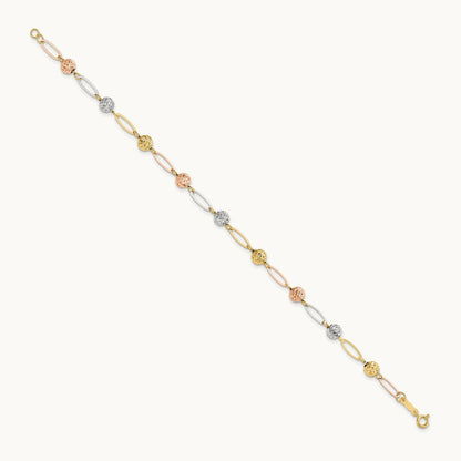 Tri-Color D/C Beads Link Bracelet, 14K