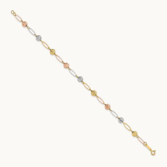 Tri-Color D/C Beads Link Bracelet, 14K