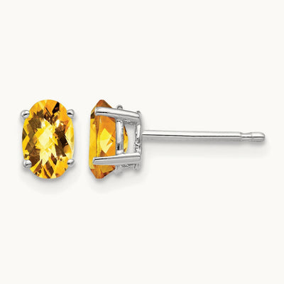 6x4mm Oval Citrine Checker Earrings, 14K White Gold