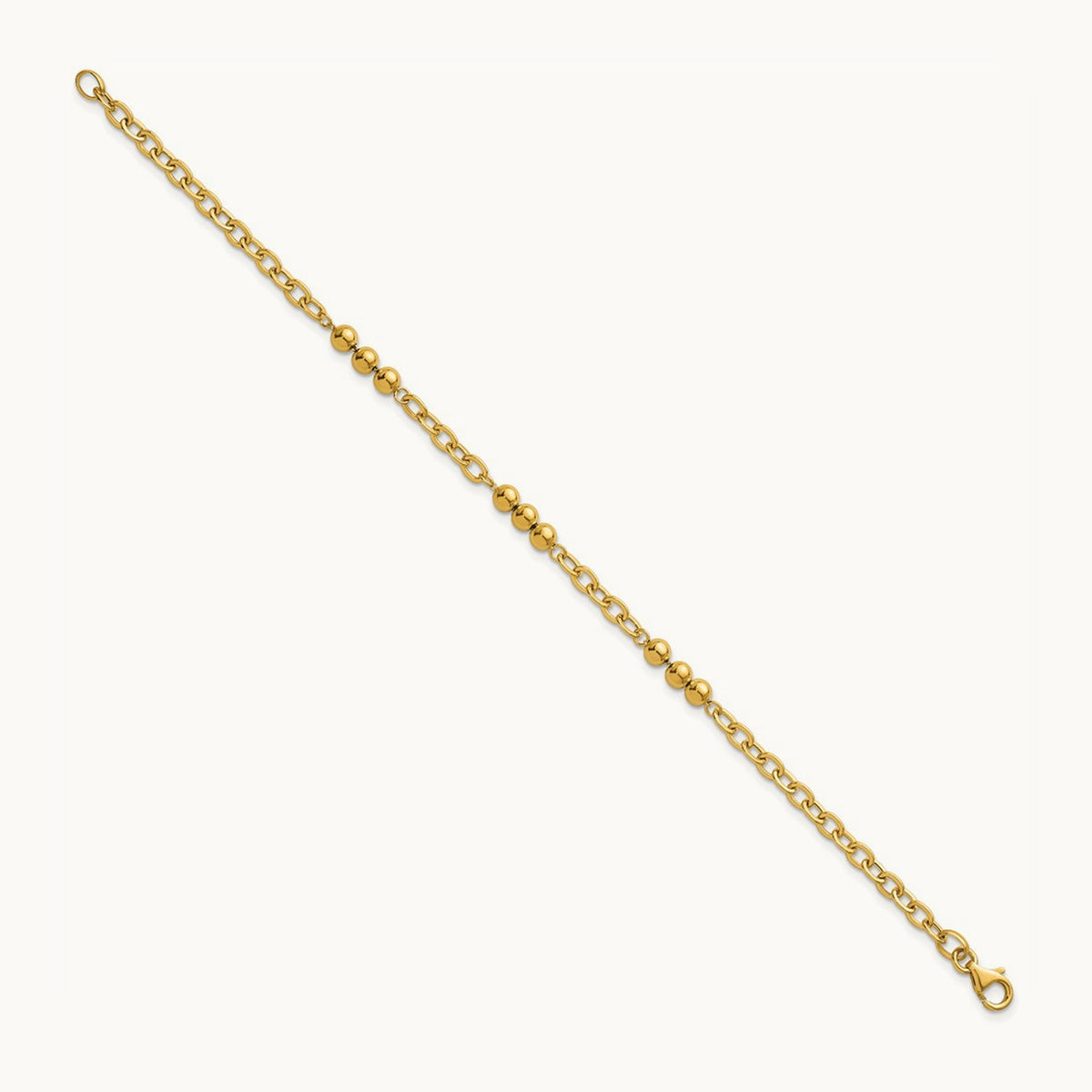 Polished 7.5in Fancy Beaded Cable Link Bracelet, 14K