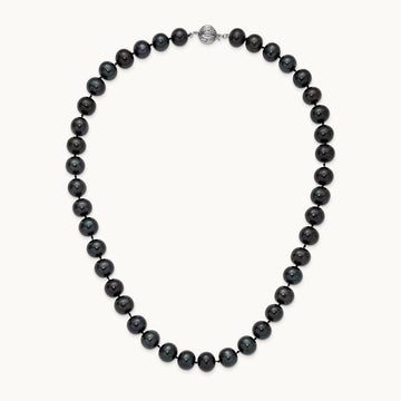 10- Black Near Round Freshwater Cultured Pearl Necklace, 11mm, 14K White Gold