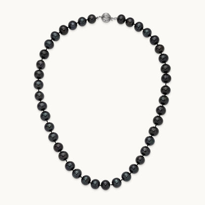 10- Black Near Round Freshwater Cultured Pearl Necklace, 11mm, 14K White Gold
