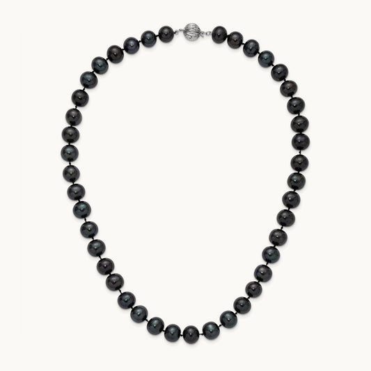 10- Black Near Round Freshwater Cultured Pearl Necklace, 11mm, 14K White Gold