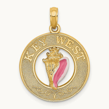 Enamel Conch Shell w/ KEY WEST Circle Charm, 14K