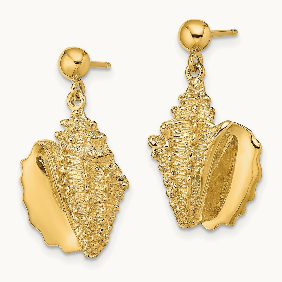 2-D Conch Shell Dangle Post Earrings, 14K