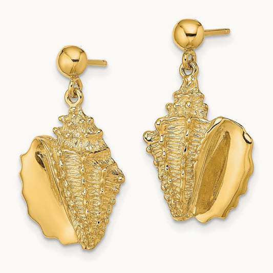 2-D Conch Shell Dangle Post Earrings, 14K